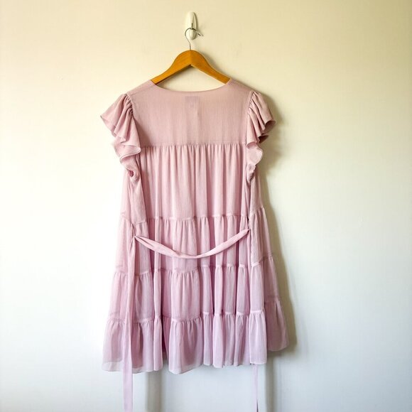 Aritzia Little Moon Sol Dress Semi Sheer Tiered Belted Mini Lilac Size Large - Picture 7 of 10